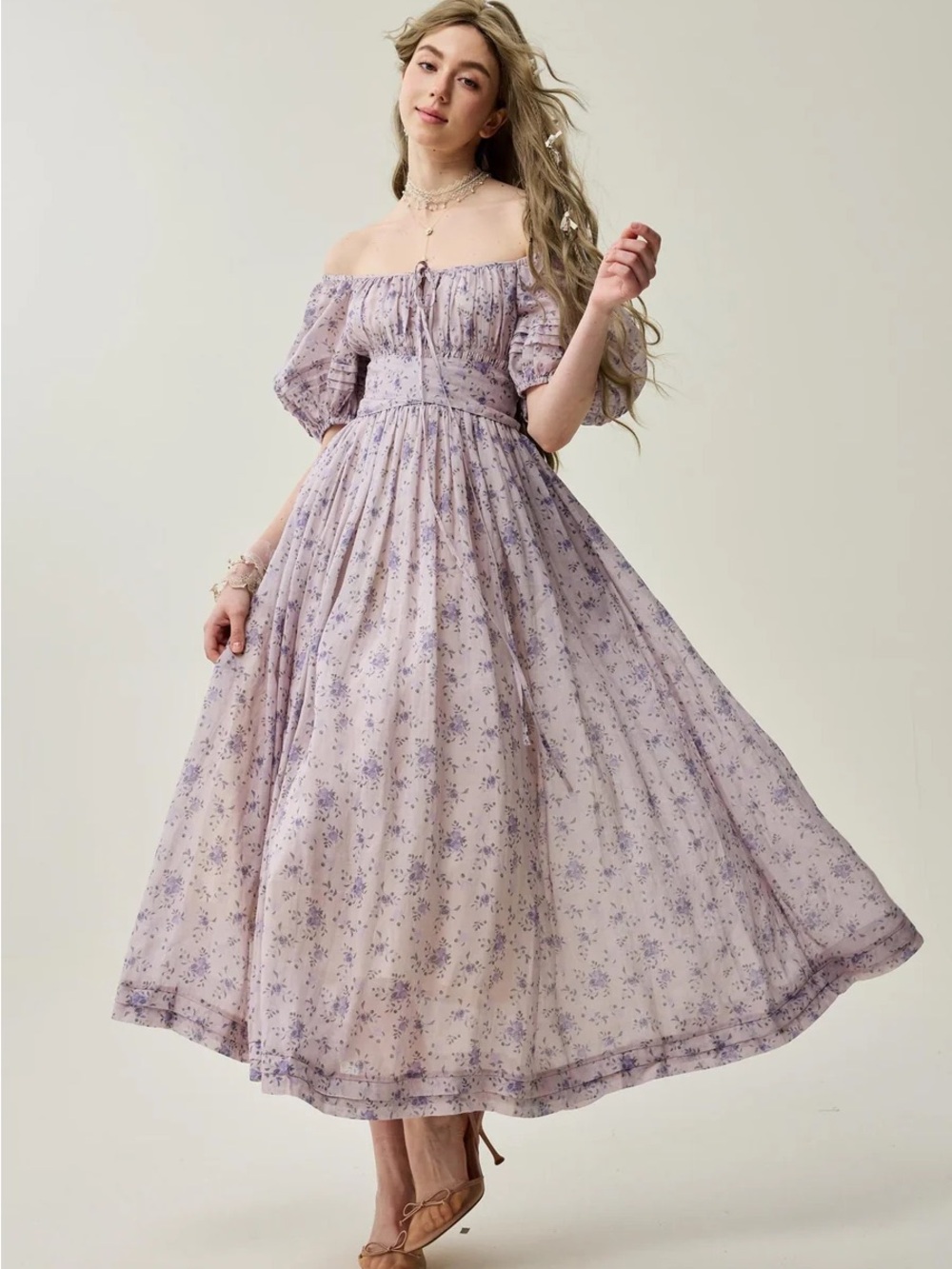 Linennaive Wisteria Lavender Floral Puff Sleeve Midi Dress size L NWT